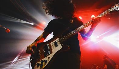 Silhouette of a performer with big hair and a rock guitar