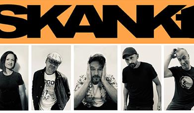 Photos of seven members of the band Skant beneath the band's name which is written in black letters on an orange background