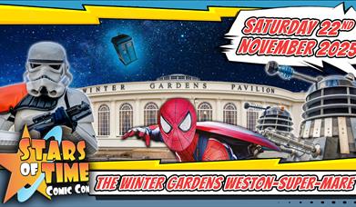 A montage of two Cosplay characters, a stormtrooper and Spiderman  with Weston-super-Mare's Winter Gardens Pavilion in the background to advertise the