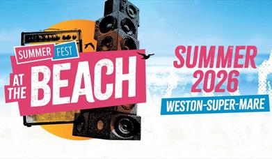 Flyer featuring a beach scene and some loud speakers to advertise the 2026 Summer Fest at The Beach weekend music event in Weston-super-Mare