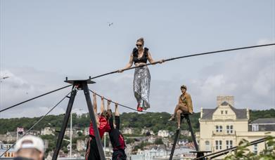 A trapeze artist walking on a tightrope and holding a large pole for balance