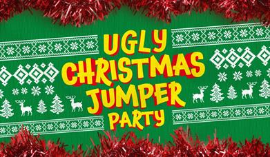 A green and white Christmas design with the words Ugly Christmas Jumper Party on it