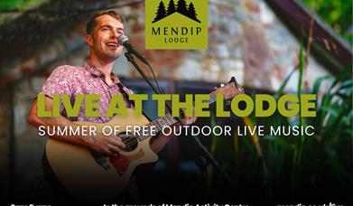 Sam Evans (musican) playing on guitar and singing into microphone. Mendip Lodge logo. Text promotes Live at the Lodge: Summer of free outdoor live mus
