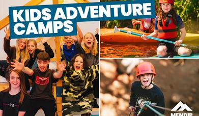 Three image collage - largest image shows group of boys and girls smiling with hands up in the air, sat under a canva tent. Second image on top right
