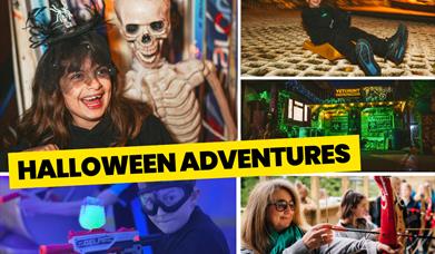 Collage of Halloween adventures including costumes, archery, gel fire battle, tobogganing, and themed entrance to Mendip Activity Centre. Main image i