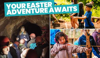 A promotional image for Mendip Activity Centre featuring children and an instructor engaging in outdoor adventure activities, including caving, axe th