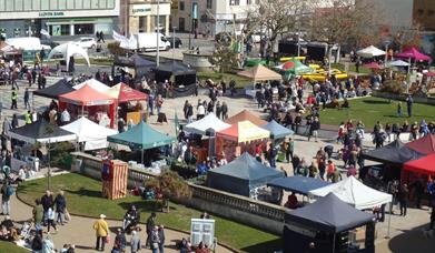 Aerial view of market stalls