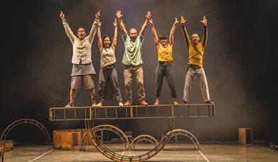 A group of fiver circus performers standing on a platform