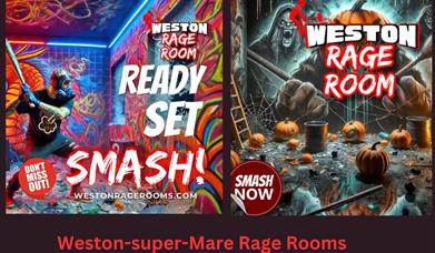 Two very colourful posters in a black background advertising the Weston-super-Mare Rage Rooms. One image shows a man about to wield a baseball bat and