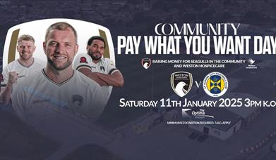 A photo of three Weston-super-Mare FC footballers inserted onto the club crest on a poster advertising the club's community pay what you want annual m