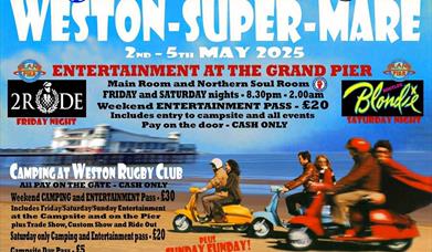 Three Vespa-style scooters racing along the sandy beach at Weston-super-Mare with the Grand Pier in the background on a flyer publicising the National