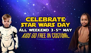 Two children in Star Wars costumes on a starry background advertising an event in May when children get free entry to Wookey Hole if they're wearing a