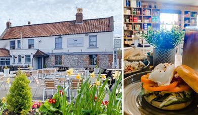 Half and half image of the outside of a country pub and then another image displaying a plate of pub grub