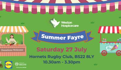 Bright poster of summer fayre in greens and blues with cartoon images of stalls and an ice-cream cart.