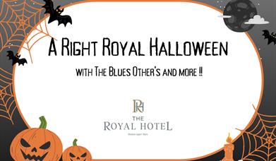 image shows pumpkin and bat scenery, text reads "A Right Royal Halloween"