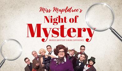 Night of Mystery poster with images of the Murder Mystery cast and Miss Mapletree in a purple outfit.
