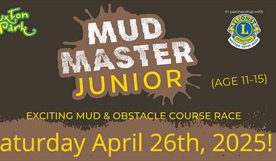 Brown poster advertising the Puxton Park Junior Mud Master event featuring two inset circular photos from the adult event