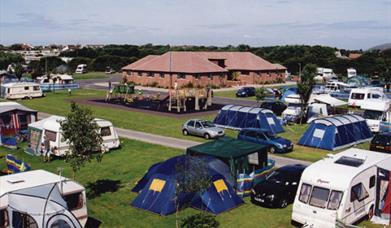 Aerial view of the Northam Farm campsite with toilet and shower block