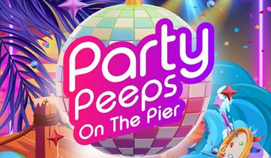 Party peeps poster in bright colours with large disco ball in pinks.