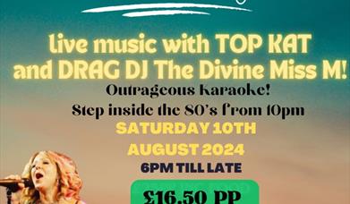 featuring the one and only Divine Miss M drag DJ, spinning the hottest tracks and setting the lawns on fire   live music by Top Kat party band , enjoy