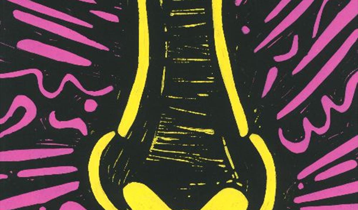 My fathers nose image in bright pink and yellow drawing.