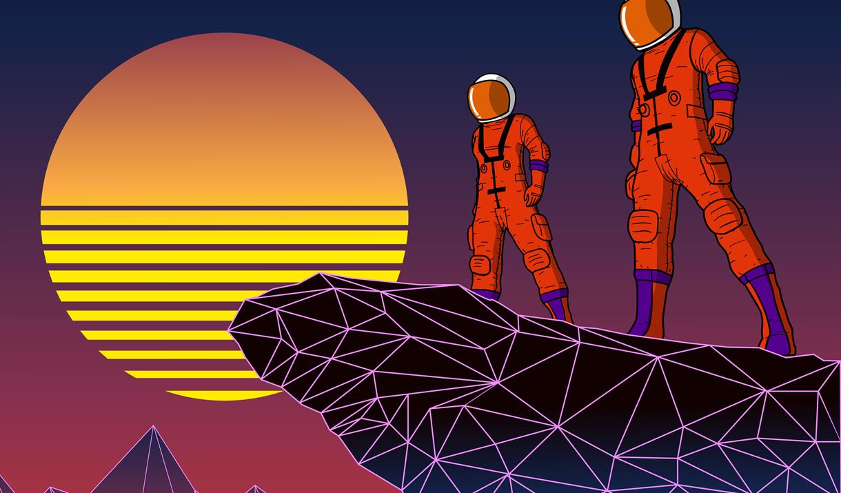 Cartoon image of two spacemen in red suits looking at a red planet.