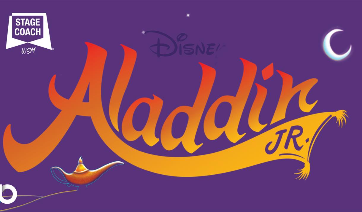 Stagecoach Weston-super-Mare presents; Aladdin Jr.  purple poster with orange wording and a genie lamp