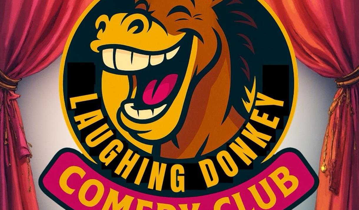 The cartoon head of a laughing donkey