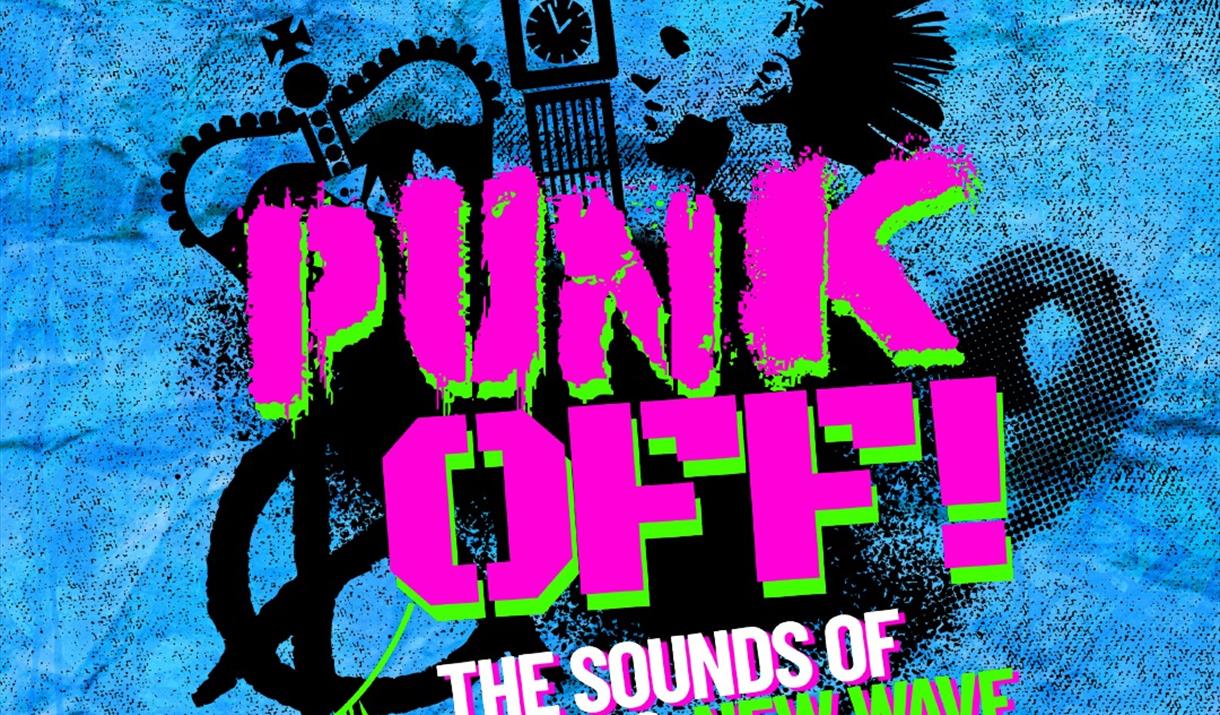 Blue poster featuring black prints of a crown, Big Ben and a punk to advertise the Punk Off show at the Weston Playhouse Theatre