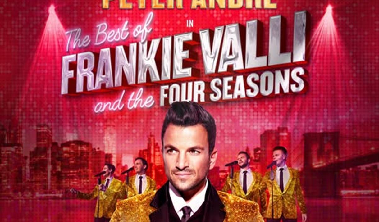 Singer Peter Andre in a gold sequinned suit standing in front of four similarly-attired band members on a poster advertising Peter Andre in the Best o