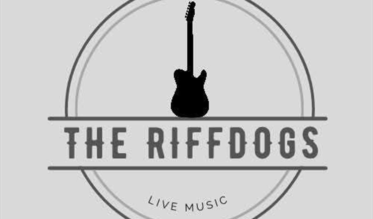 Black and grey poster featuring the silhouette of an upright electric guitar sitting upon a line above the words The Riffdogs - which is the name of a