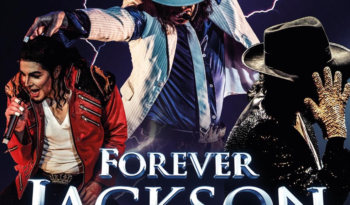 Three carricatures of Michael Jackson on a dark blue poster with lightning strikes