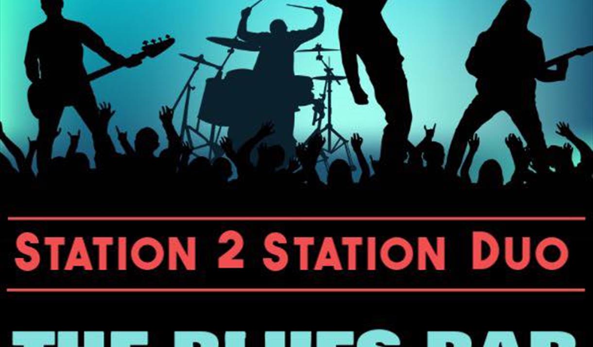 Silhouette of a lively band on stage in front of a crowd to advertise a music night at the Blues Bar Weston-super-Mare