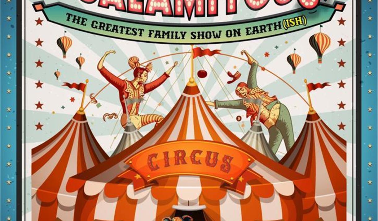 An artist impression of a circus Big Top with performers on the roof