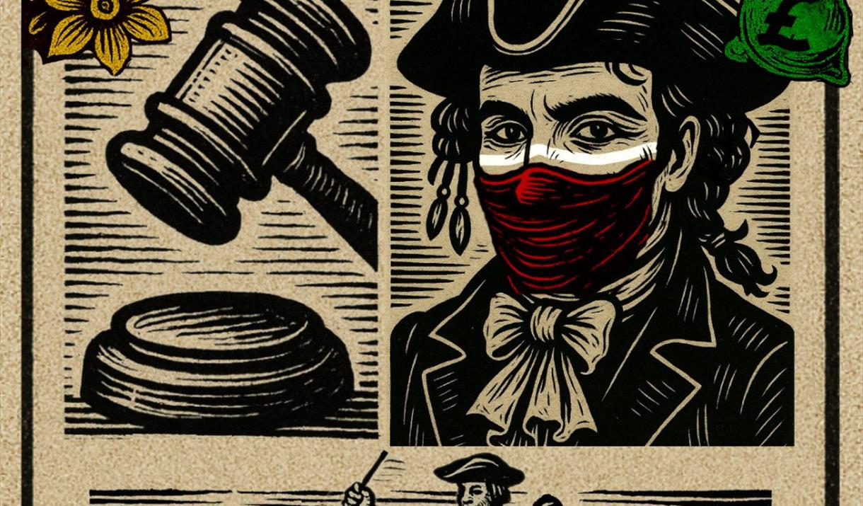 Two drawn images. One of a highwayman and the other of a court gavel