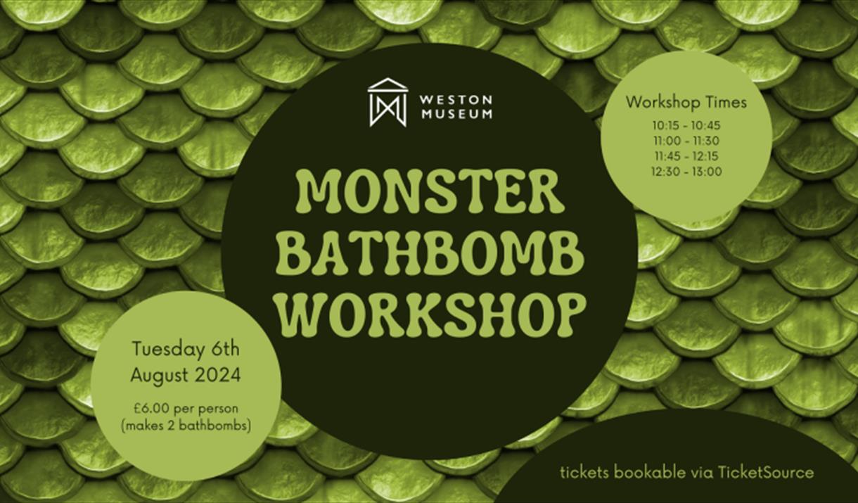 Details of the event against a green poster of monster scales.