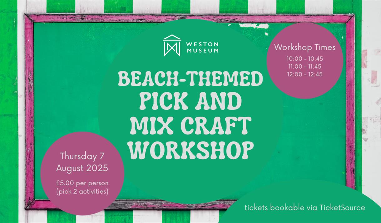 rectangular image with a background that consists of a close up of a green and white striped beach hut tent. layered in front in the centre is a green