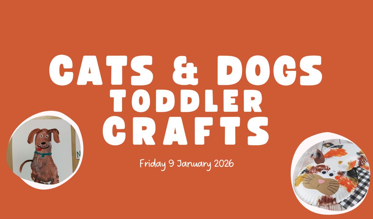 "Orange background with bold white text reading 'Cats & Dogs Toddler Crafts' and 'Friday 9 January 2026.' Circular images show a painted dog and a pap