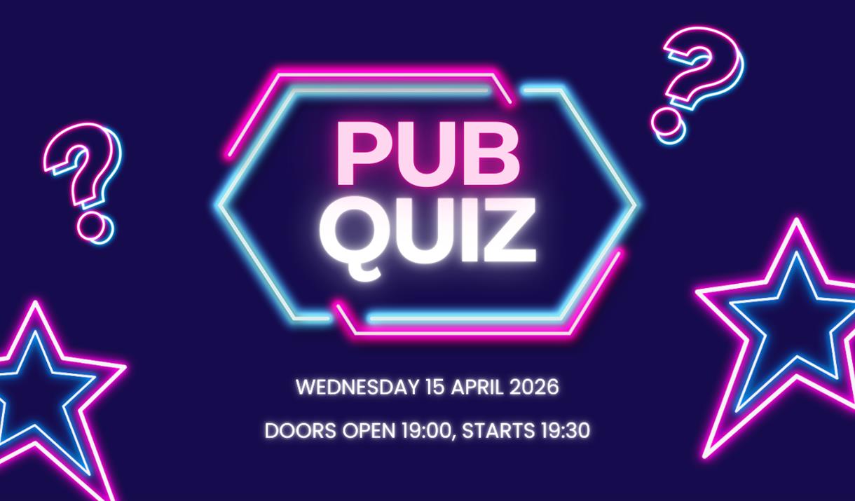 Neon-themed "Pub Quiz" poster with bright pink and blue colors. Includes question marks and stars. Event date: April 15, 2026, at 19:30. Mood is livel