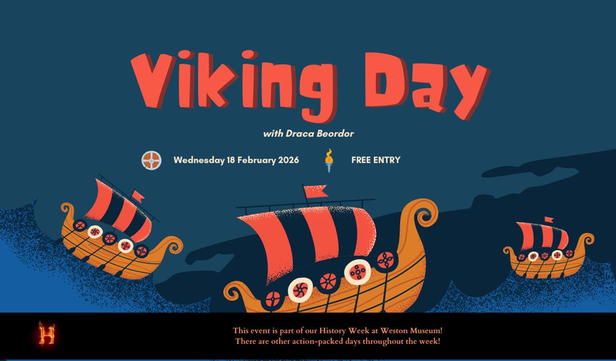 "Colorful poster for 'Viking Day' on 18 February 2026, featuring Viking ships with red sails on waves. Event is free. Energetic and adventurous tone."