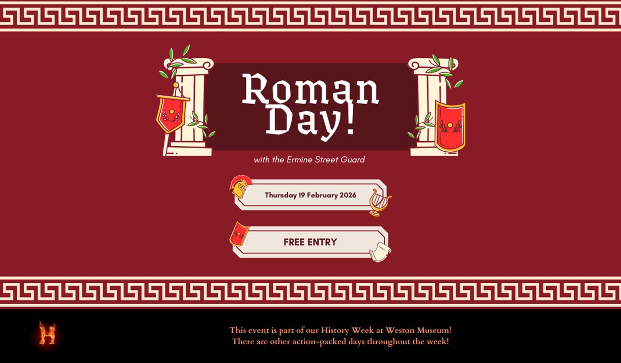 Red Roman-themed poster with white text reading "Roman Day!" above a date: "Thursday 19 February 2026." It features Roman columns, shields, and Greek