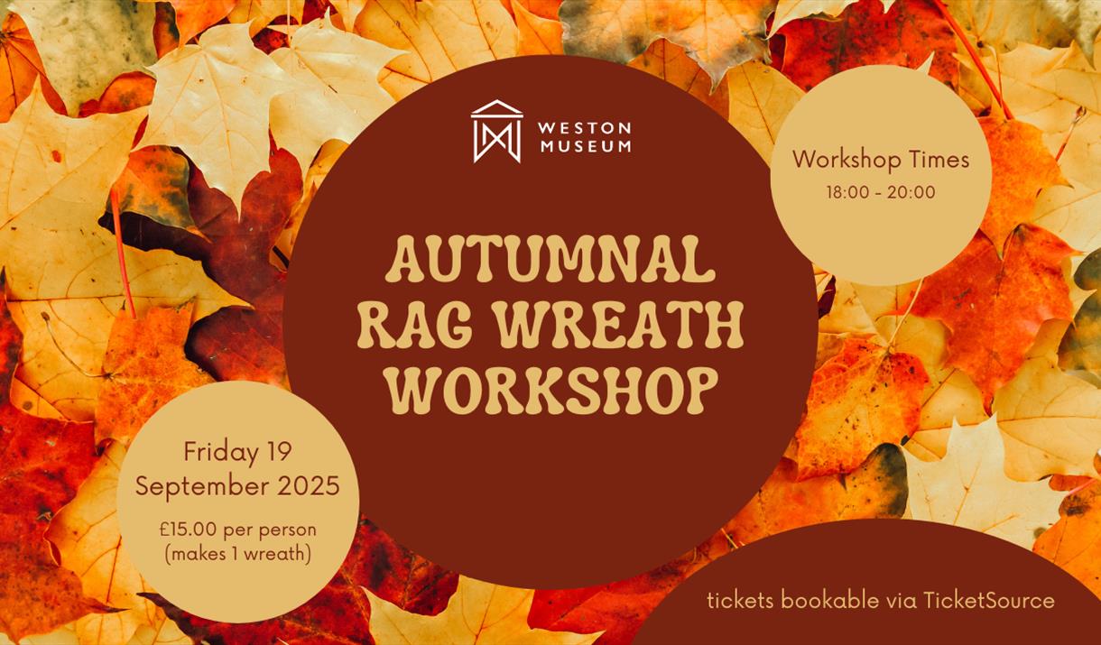 rectangular image with an autumnal leaf background. in a dark brown circle in the middle of the image is the event name of autumnal rag wreath worksho