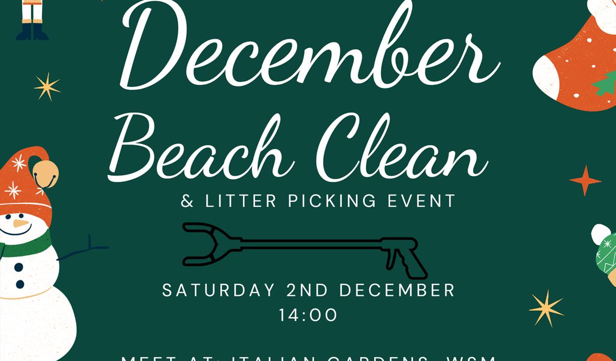 Bright green Christmas poster with cartoon characters and information about the beach clean.