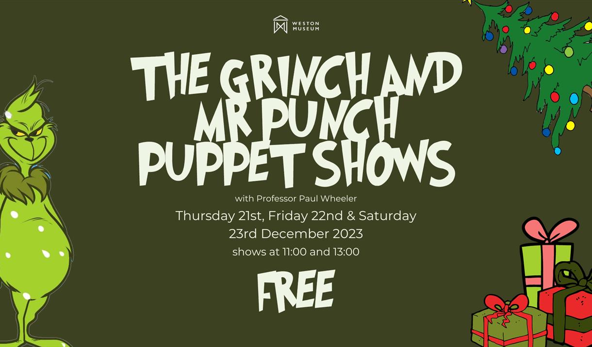 Green poster advertising The Grinch puppet shows