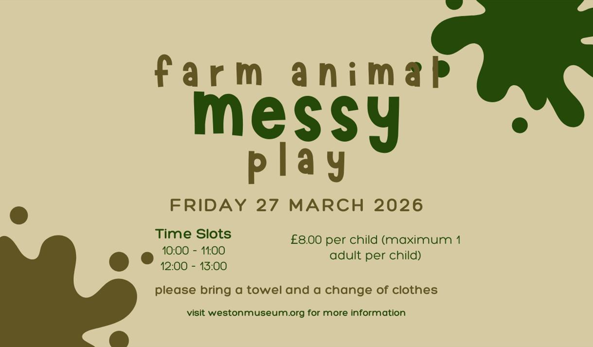 "Farm Animal Messy Play event poster for March 27, 2026. Green paint splatters decorate the beige background. Two time slots are available: 10-11 AM a