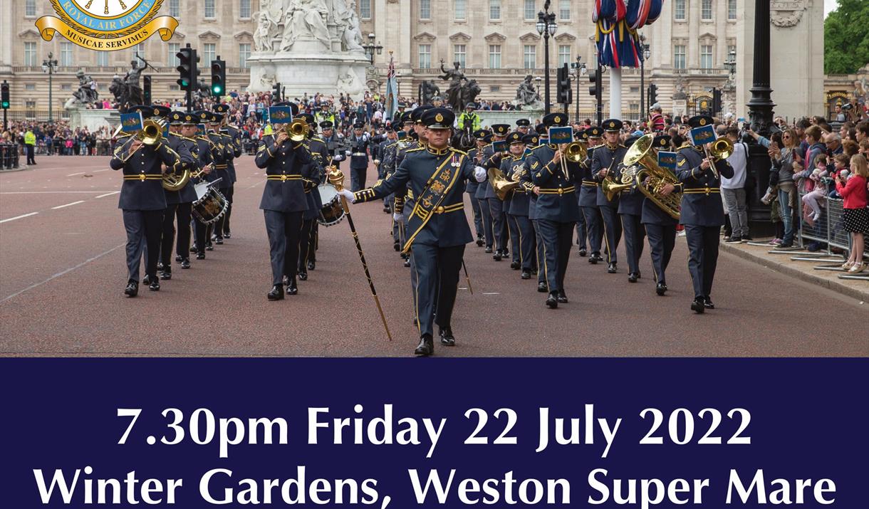 Poster with bandsmen marching in front of Buckingham Palace