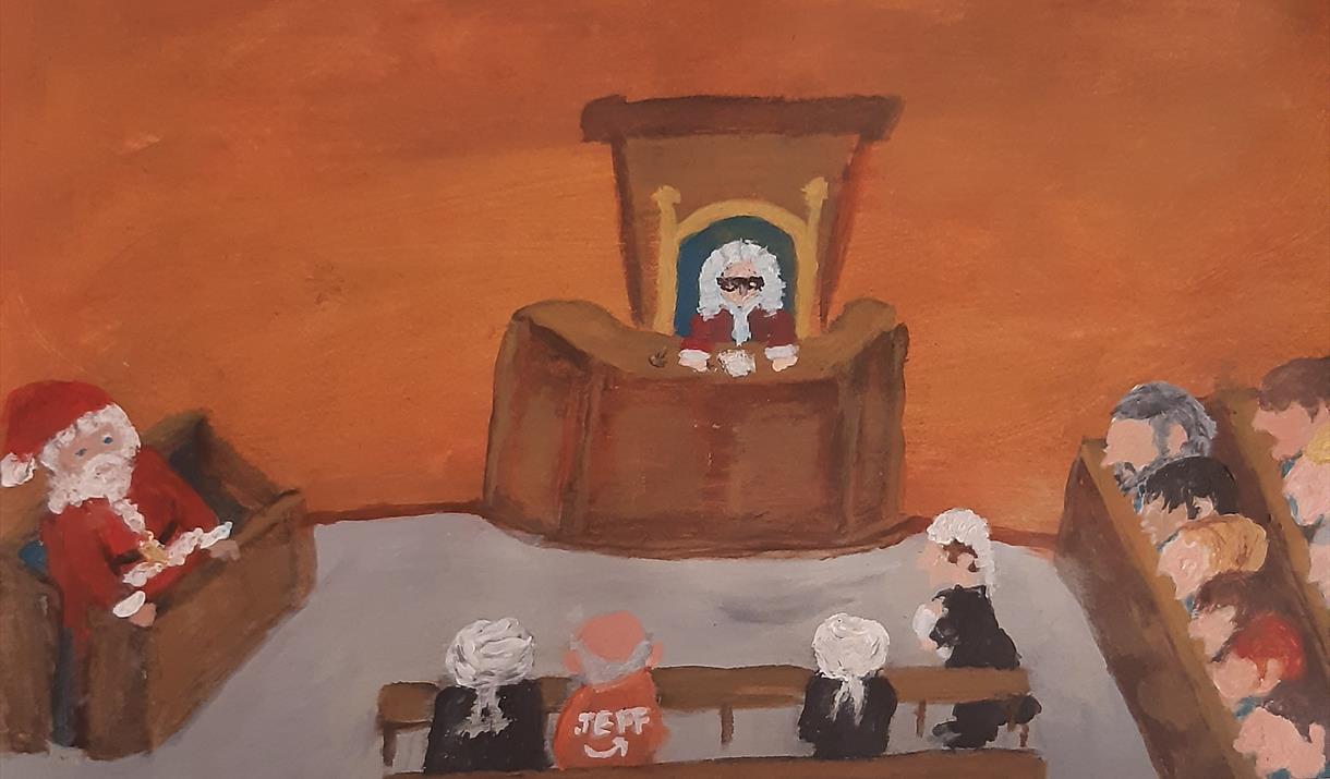 Cartoon image of Santa in a court room with The people.