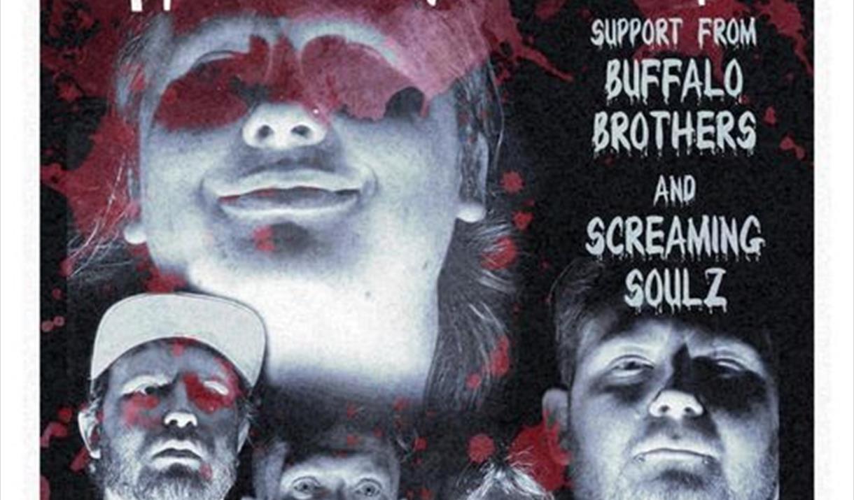 text reads "we be villains", shadows of band members with fake blood splotches