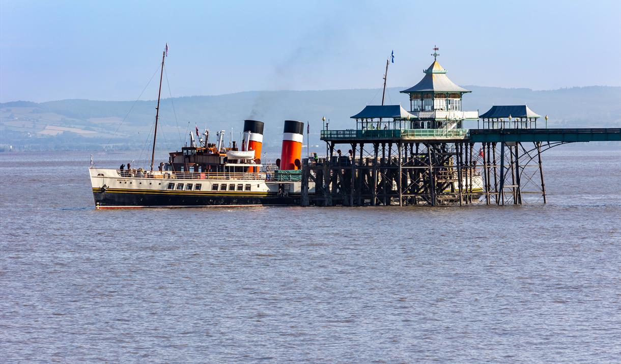 The Waverley paddle steamer docking at Clevedon Pier in the Bristol Channel