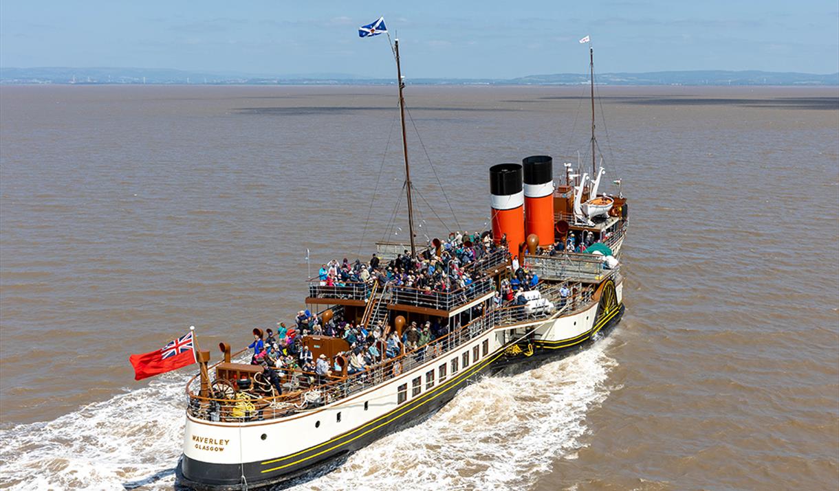 Aerial view of a paddle steamer at sea